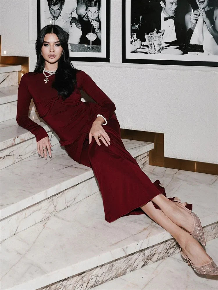 Female Pleated Sexy Maxi Dress Patchwork Twist Slim Long Sleeve Solid Women's Bodycon Dress