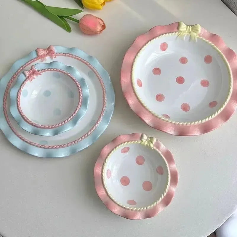 Heart-shaped Bow Wavy Edge Ceramic Dinnerware Set Ideal Cake Presentation,  Princess Pastry Platter, Lace-edged Rice Bowls