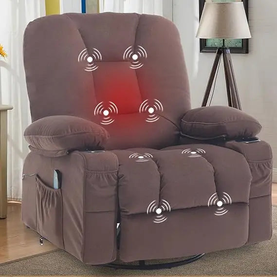 Recliner Chairs for Adults, Rocker Recliners with Massage and Heat, Overstuffed Fabric Swivel Glider with Cup Holder Side