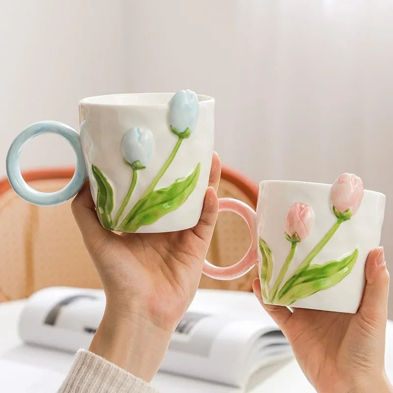 Tulip Flower Ceramic Mug Three-dimensional Design Creative Girl Heart Cup