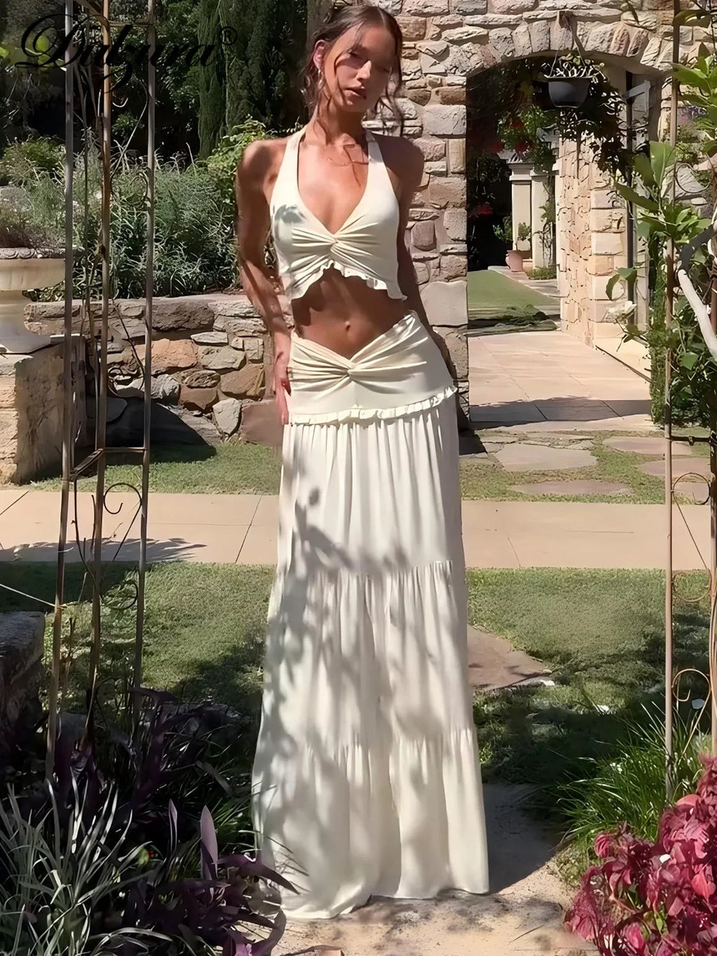 Sexy Elegant Ruched 2 Piece Skirt Set Lace Up Ruffles Patchwork Crop Top Tiered Maxi Skirt Matching Set