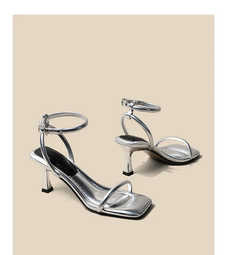 Women's High Heel Sandals Square Toe Thin Heels One-length Strip Open Toe Sandals
