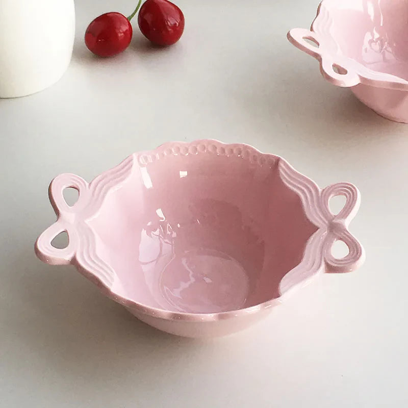 Porcelain Bowl Cute Hollow Out Bow Relief Solid Color Ceramic Dinnerware