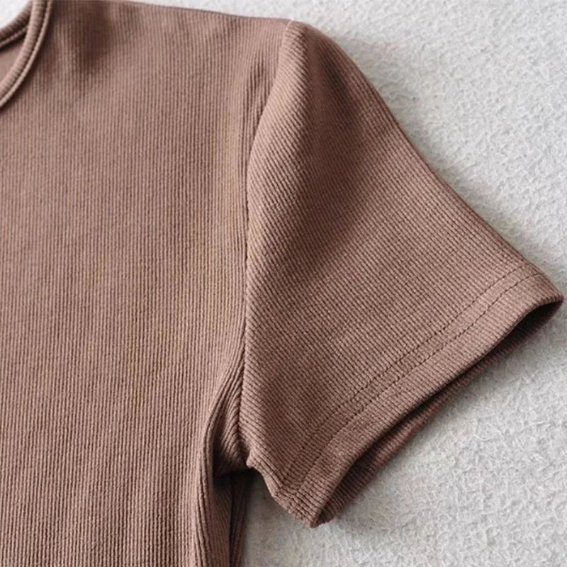Summer Woman Skinny Fit T-shirt Tight Short-Sleeve O-neck Tee Basic Solid Crop Tops T Shirt