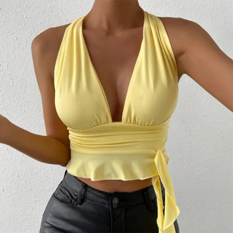 Women's Sexy Tight Fitting Deep V-neck Pleated Top Tight Fitting