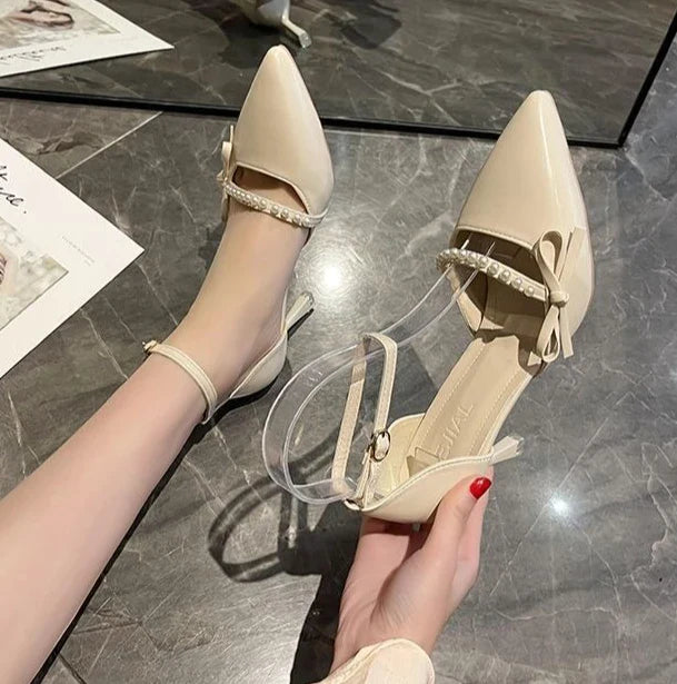 Women Pearl Pumps Heeled Pointed Toe with Side Bowknot