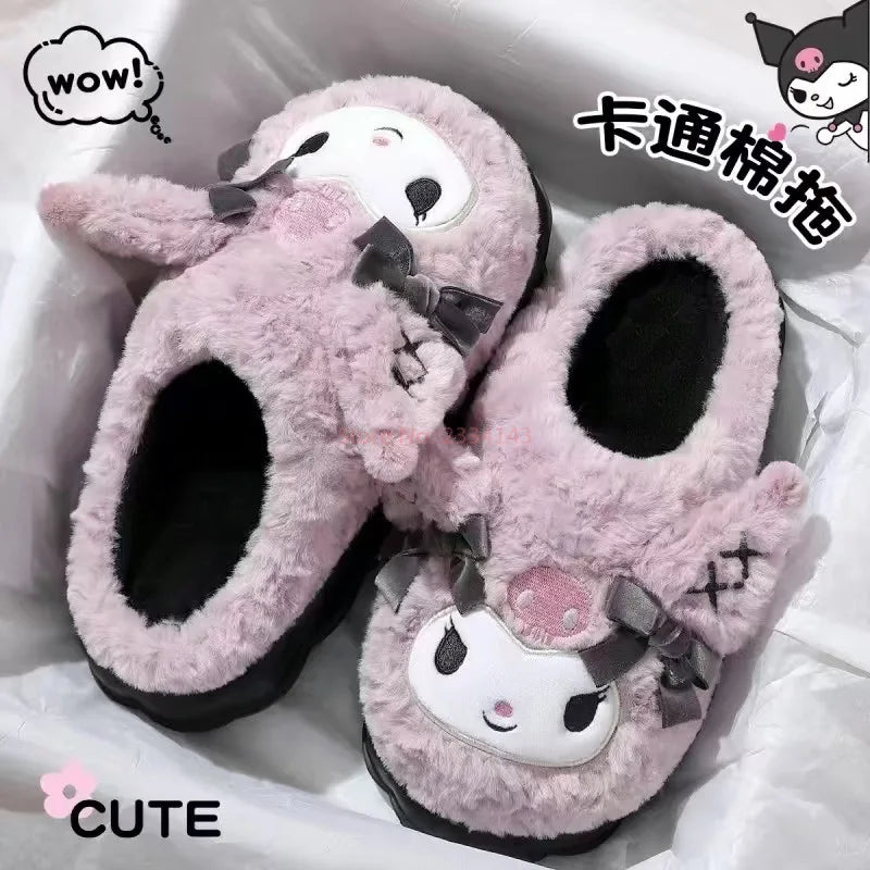 Kuromi Cotton Slippers For Women's Autumn And Winter Home Anti Slip Cute Student Cartoon Plush Cotton Shoes Thickened