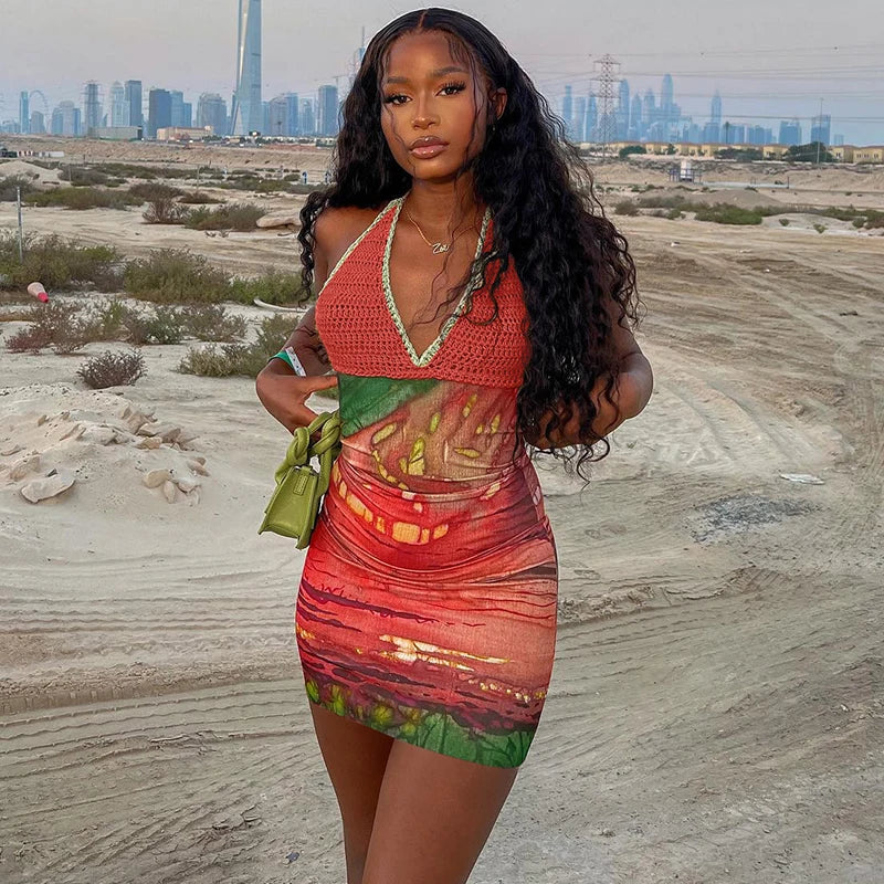 Halter Knitted Scenery Print Backless Lace Up Sexy Mini Dress Women Fashion Clothes