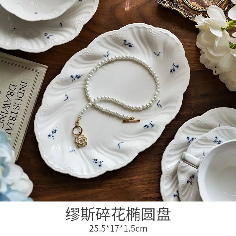 Ceramic Floral Bowl Dish Set Oval Plate New French Medieval High-end Cup Dish Set
