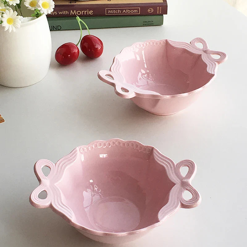 Porcelain Bowl Cute Hollow Out Bow Relief Solid Color Ceramic Dinnerware