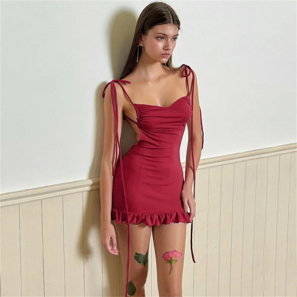 New High End Y2K Sexy Open Back Lace up Slim Fit Spicy Girl Short Summer Mini Dress
