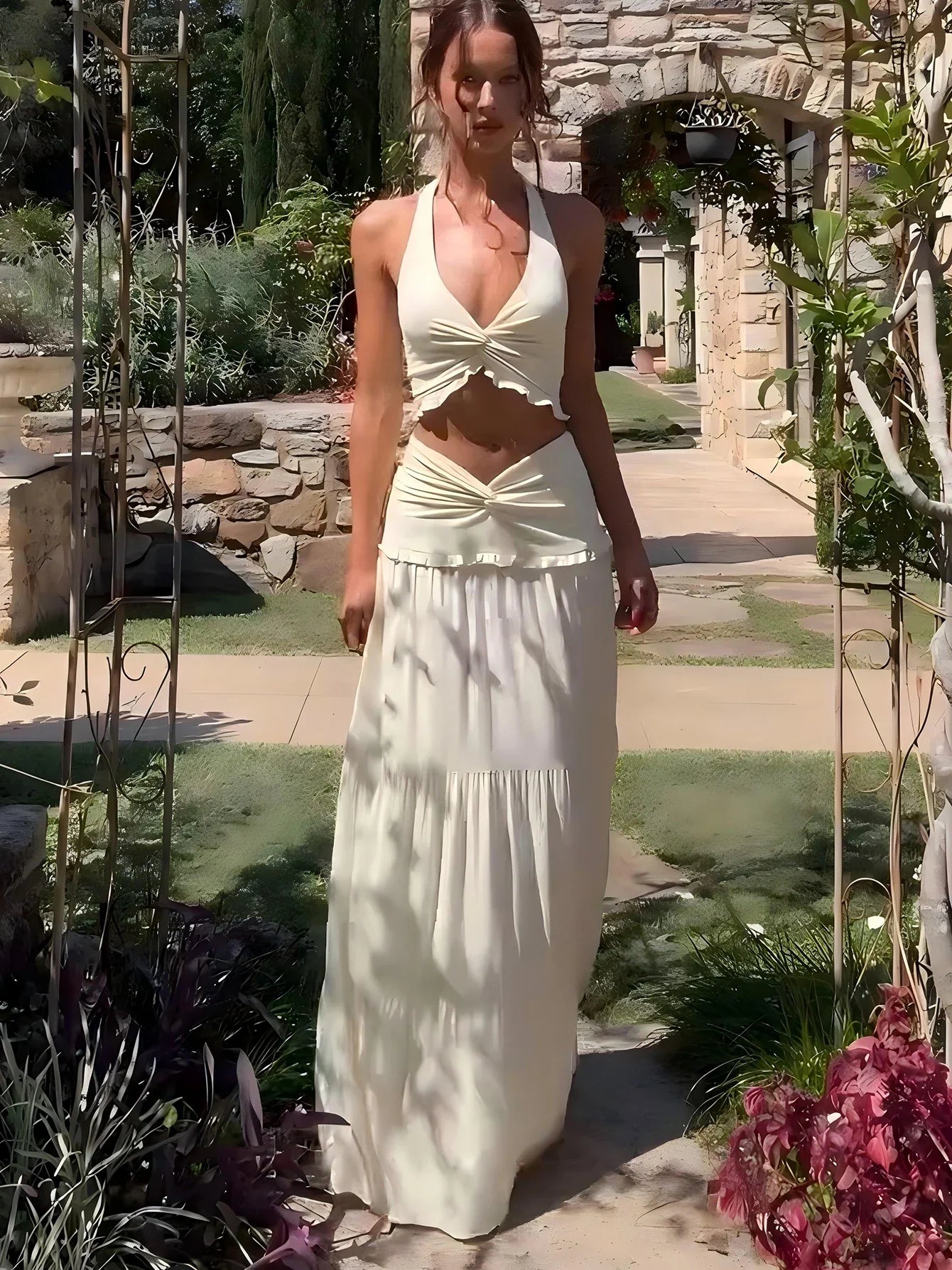 Sexy Elegant Ruched 2 Piece Skirt Set Lace Up Ruffles Patchwork Crop Top Tiered Maxi Skirt Matching Set