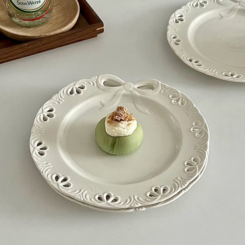French Bow Dessert Plate Cake Western Cuisine Plate Exquisite Salad Ceramic Flat Plate