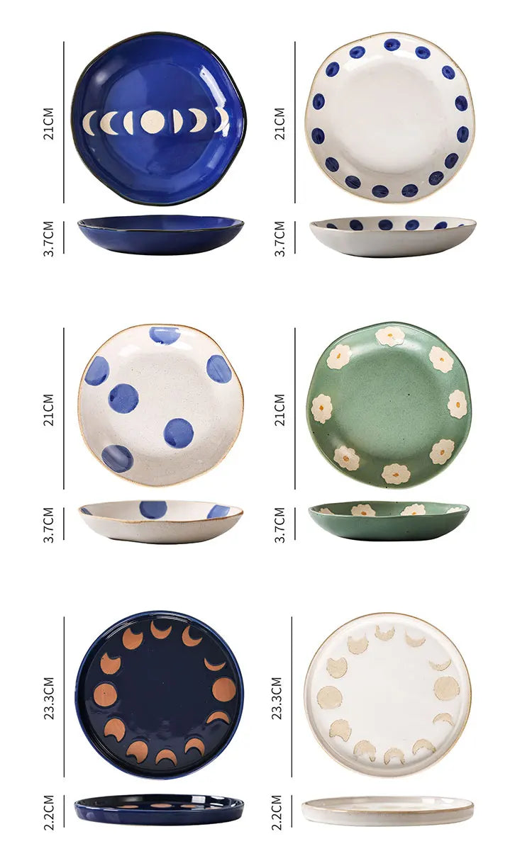 Vintage Hand Painted Dots Daisy Pottery Deep Plates Creative Moon Star Steak Flat Plate Handmade Salad Dinner Dishes