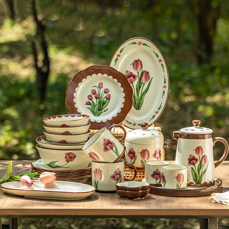 Retro Tulips Flower Ceramic Light Luxury Exquisite Dessert Plate