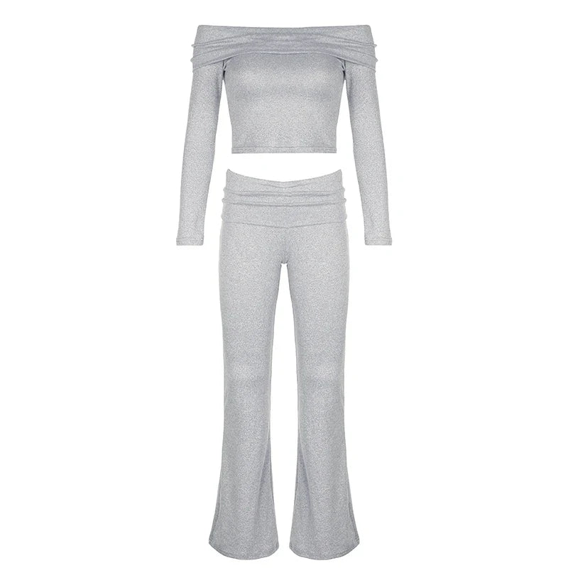 Slash Neck Top and Casual Pants Sets Women's Two Pieces Of Outfits Streetwear Solid Fashion Y2K Basic Slim Clothes