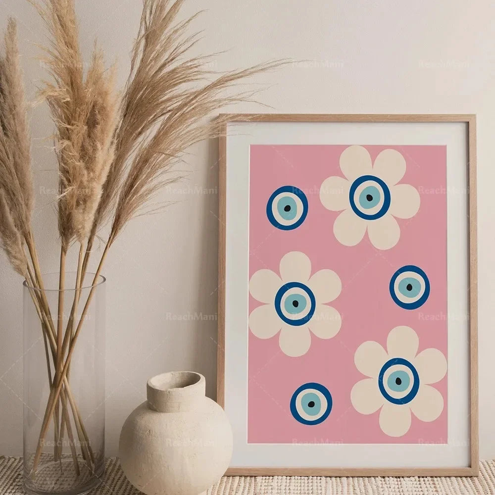 Traditional Evil Eye Flowers Pink Wall Art  MidCentury Modern Boho Decor Minimalist Digital Print Printable Canvas Painting