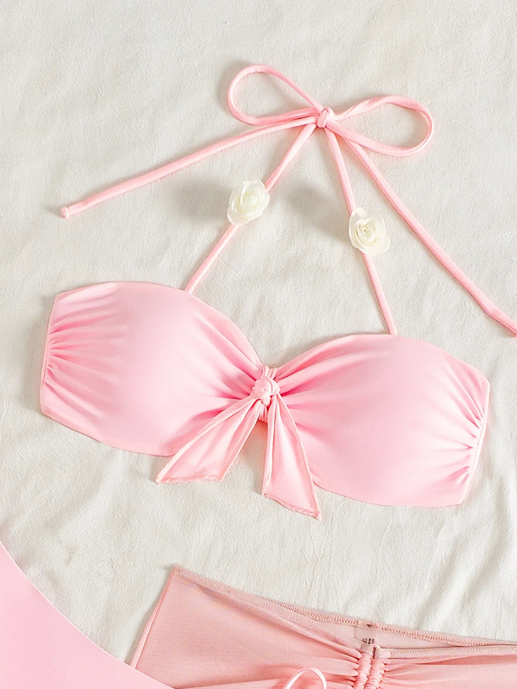 Women's 3 Piece Bikini Set Pink 3D Flower Chest Knot with Drawstring Skirt Swimsuit Outfit