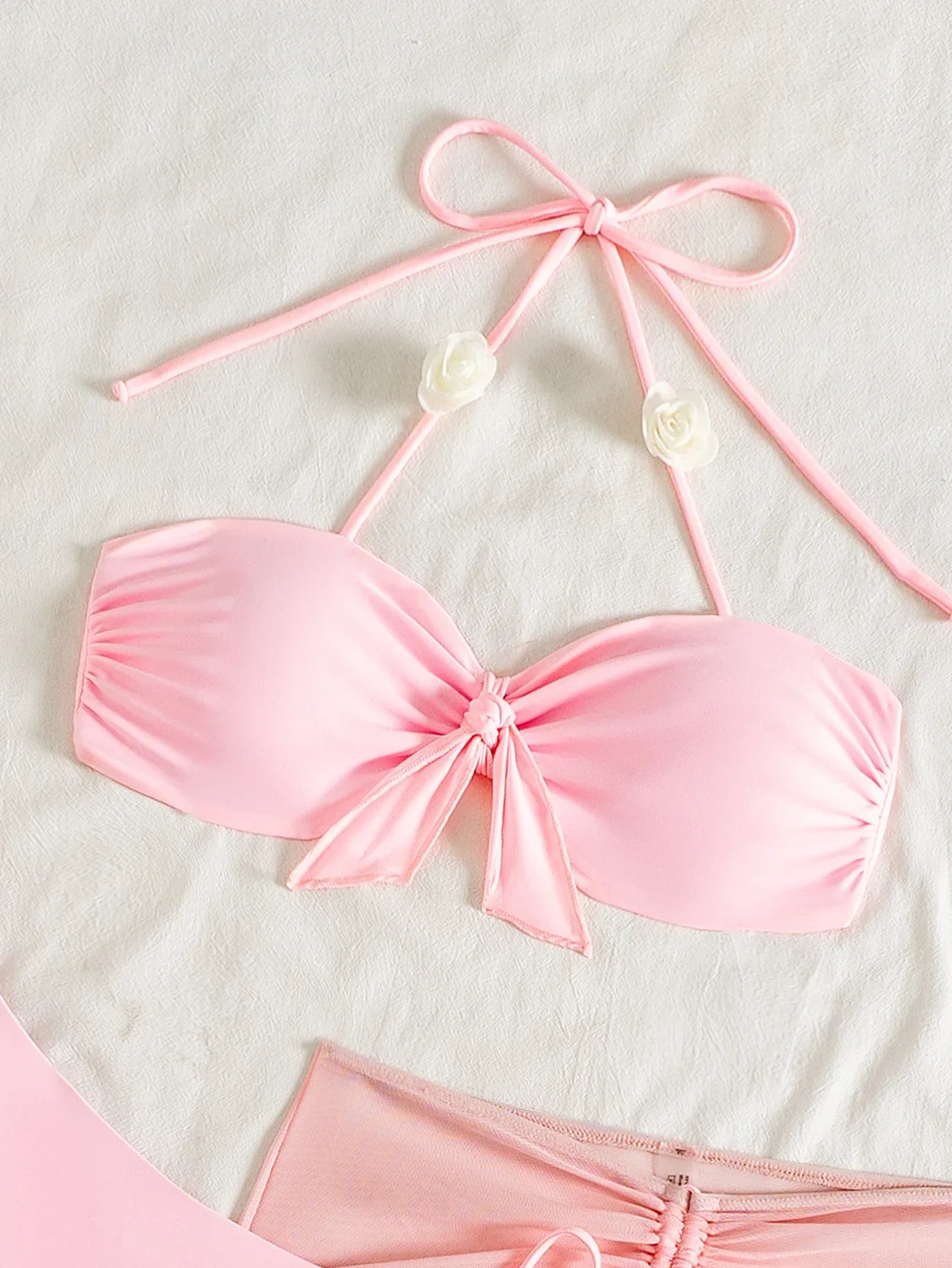 Women's 3 Piece Bikini Set Pink 3D Flower Chest Knot with Drawstring Skirt Swimsuit Outfit