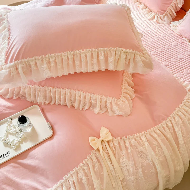 Princess Lace Bow Bedding Set Sweet Girl Chiffon Ruffles Duvet Cover Bed Sheet Pillowcase