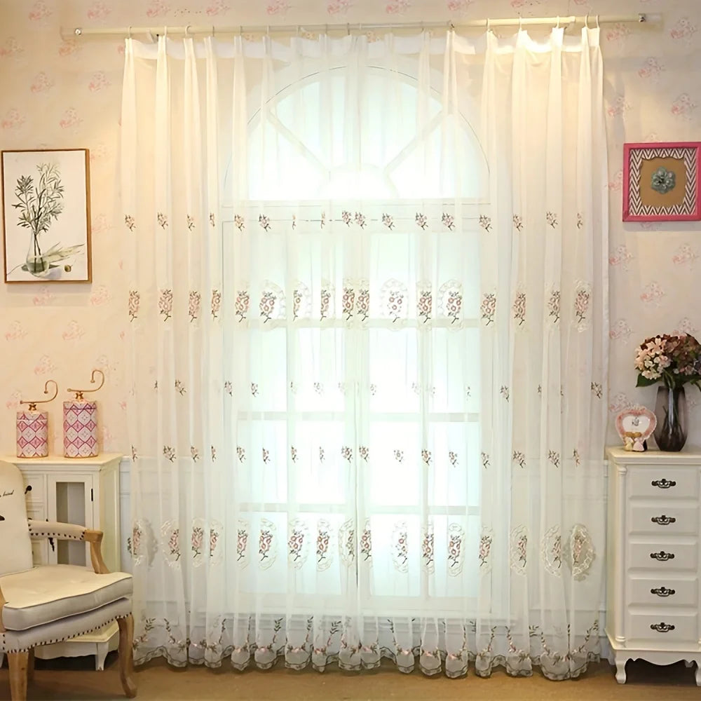 Pink Lace Sheer Curtains Embroidered Window Treatment Pastoral Curtain Drapes Floral Voile Romantic Tulle Curtain