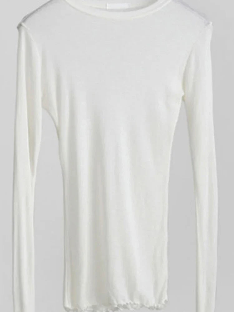 High Quality Plain T Shirt Women  Elastic Basic T-shirts Female Casual Tops Long Sleeve Sexy Thin T-shirt see through