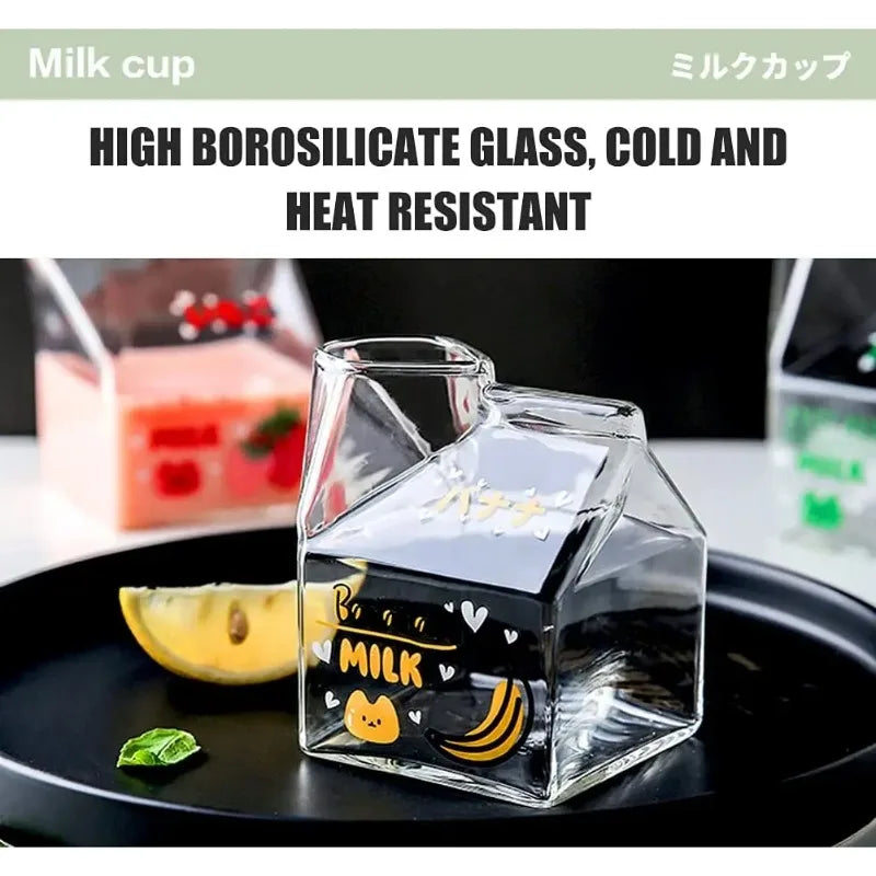 Square Glass Cup Heat Resistant Cute Cartoon Cup Kawaii Milk Juice Mug Bottle Box 380ml
