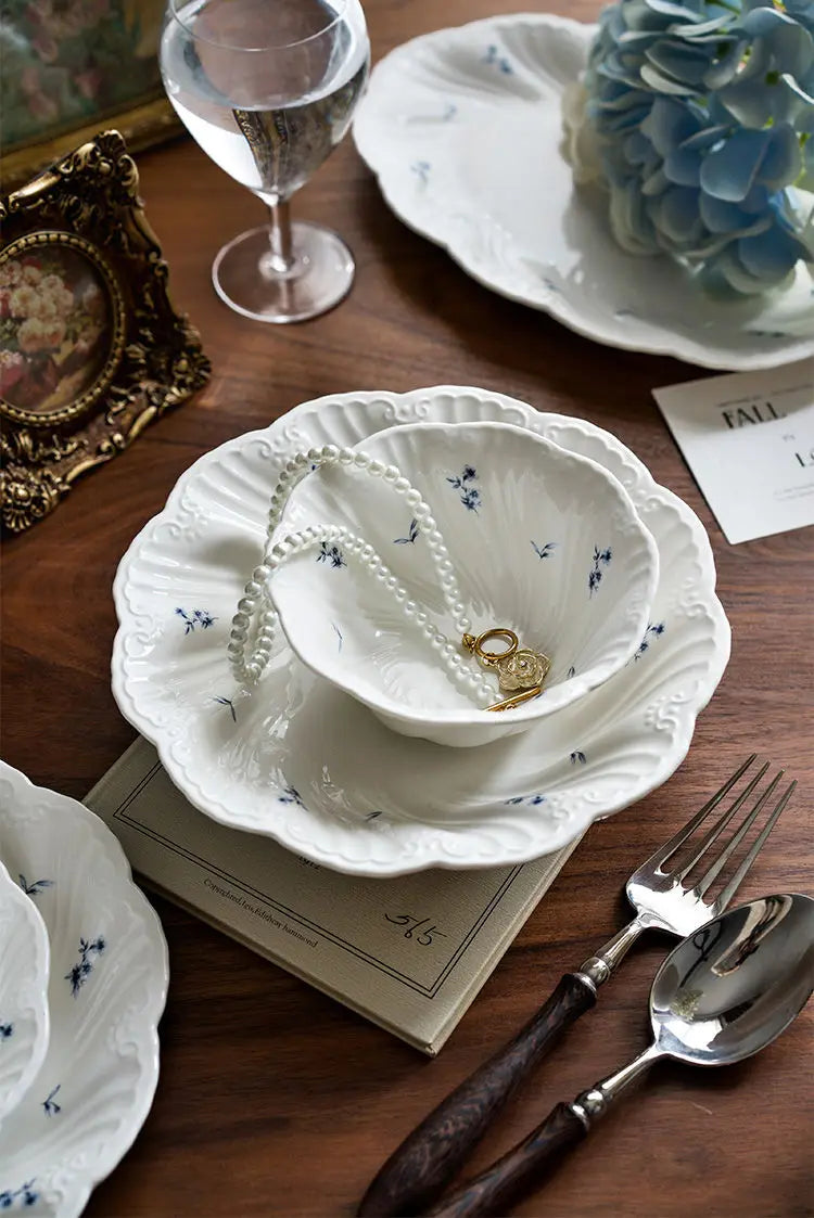 Ceramic Floral Bowl Dish Set Oval Plate New French Medieval High-end Cup Dish Set