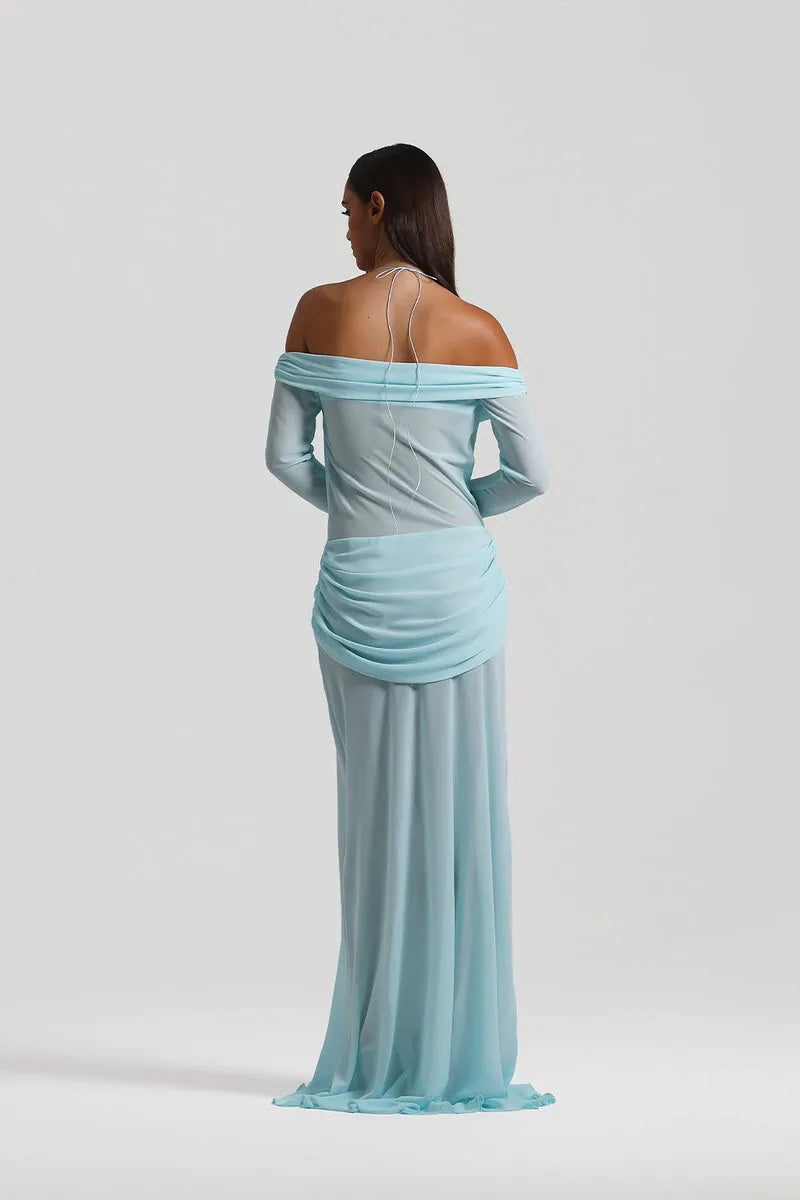 Hollow Out Ruched Sexy Maxi Dress Women Gown Halter Long Sleeve Strapless Backless Draped Slim Elegant Long Dress