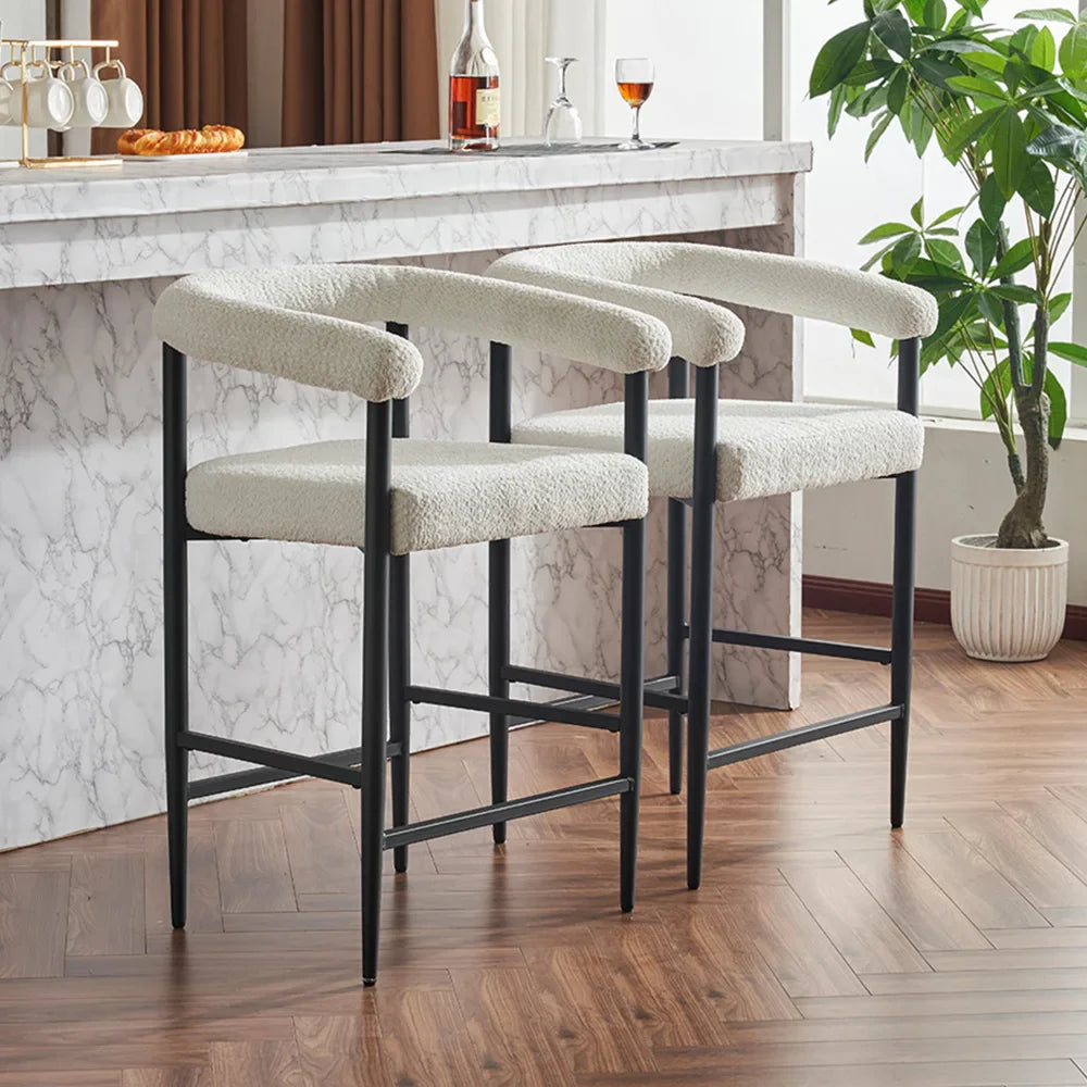 Modern Upholstered Bar Stools Set of 2, Boucle Fabric Counter Height Chairs, Kitchen Island Bar Chairs for Home, Dining Room