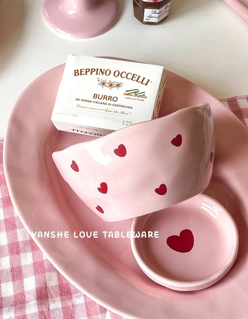 Pink Heart Pattern Ceramic Plate l Cup Bowl Dinner Tableware