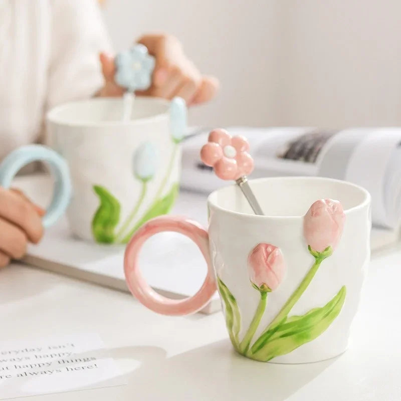 Tulip Flower Ceramic Mug Three-dimensional Design Creative Girl Heart Cup