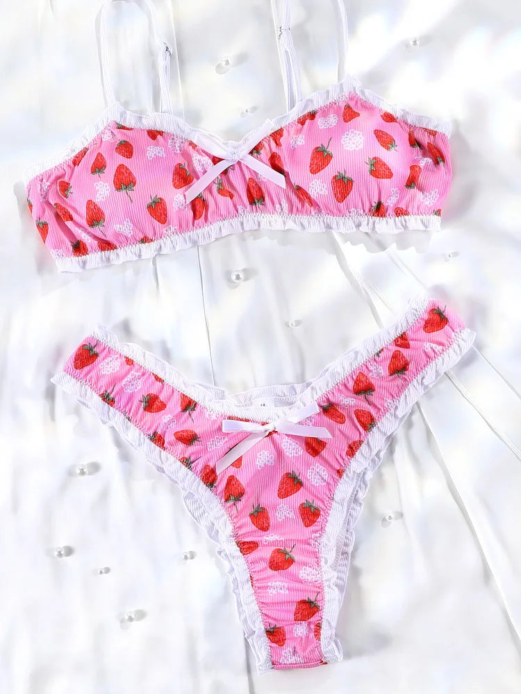 Fruit Ruffle Two Piece Suit Print Low Waist Women Swimwear