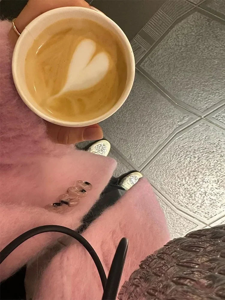 Fashion Woolen Jacket Women Winter V Neck Mohair Buttons Single Breasted Pockets Coat Ladies Office Street Casual Outerwear