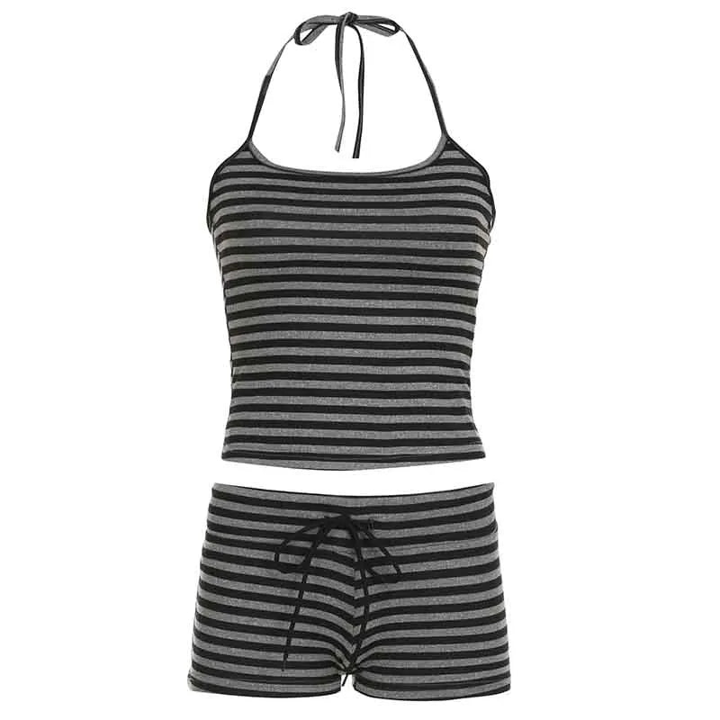 Striped Casual Backless Halter Camisole and Tiny Shorts Y2K Set Contrast Color Basic Two Piece Sets