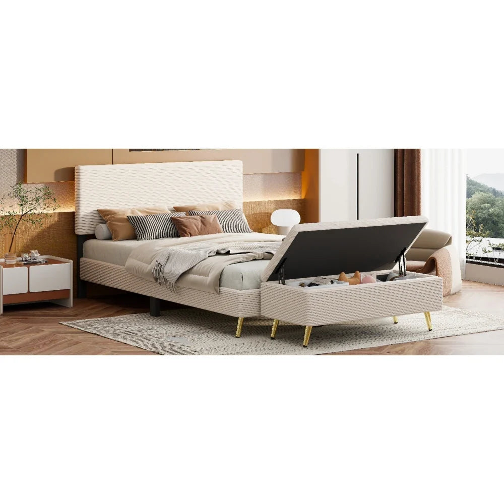 Pink 2 Pieces Bedroom Sets Queen Size Upholstered Bed Frame, Modern Corduroy Storage Ottoman