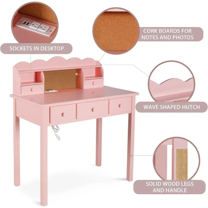 Pink NEW Home Office Furniture Writing Desk,Computer Work Station with Detachable Hutch, 5 Drawers Wood Guaranteed Authentic
