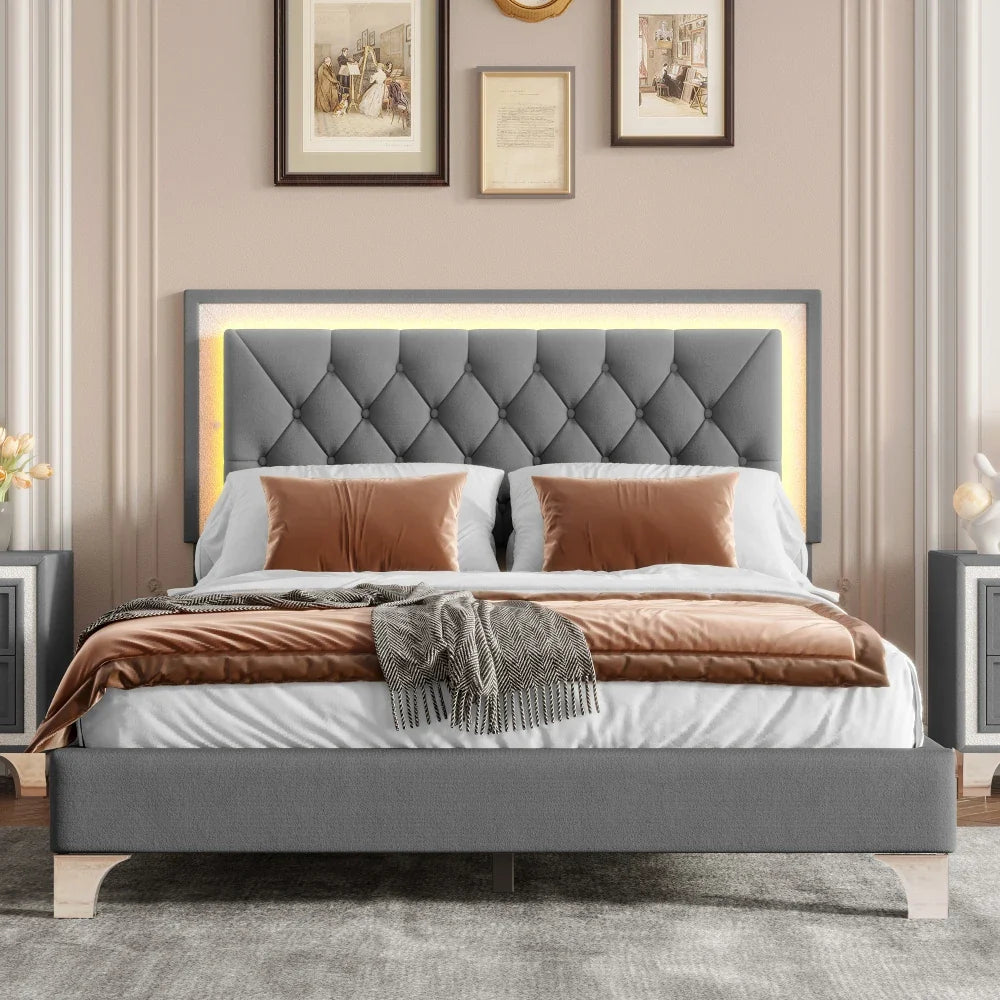 Three -Piece Upholstered Platform Bed Set with LED Lights and Nightstands Pink Velvet Foam-Filled Elegance & Ambiance Easy