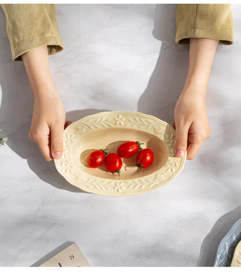 Glossy Solid Ceramic Serving Plate Floral Print Cute Bowl Versatile Dishes Simple Kitchen Tablewares