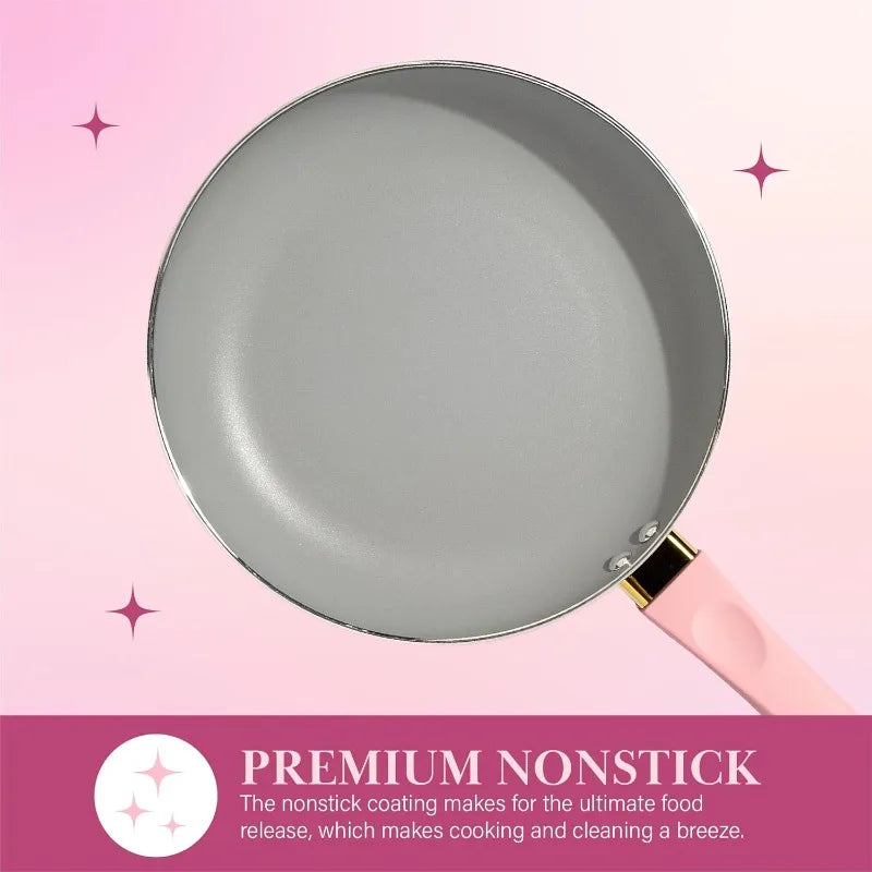 Paris Hilton Epic Nonstick Pots and Pans Set, Multi-layer Nonstick Coating, Tempered Glass Lids, Soft Touch, 12-Piece, Pink