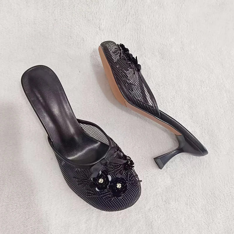 Summer Mesh Flower Beads Women Slides Sexy Thin Heel Sandals