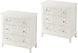 French Country Modern Set of 2 Farmhouse Style Fully-Assembled Nightstand with 2-Drawer, Flower Motif End Table for Small Spaces