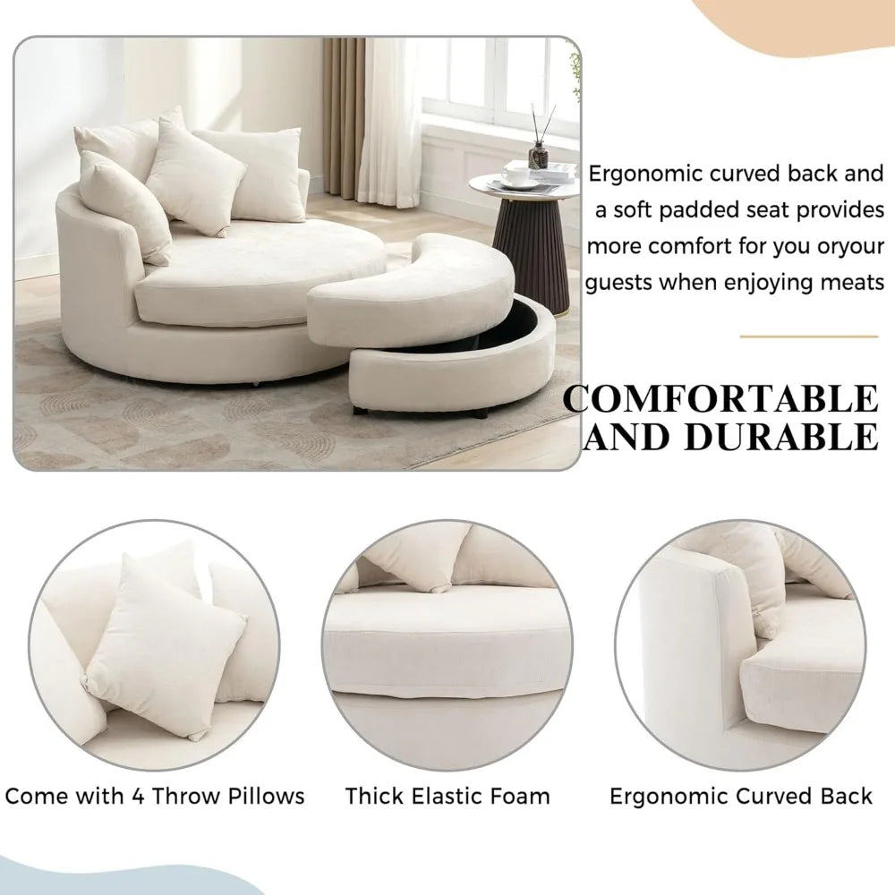 Swivel Book Nook Chair with Storage Ottoman and 4 Movable Pillow Backrest, 360° Rotating Round Barrel Sofa Chair