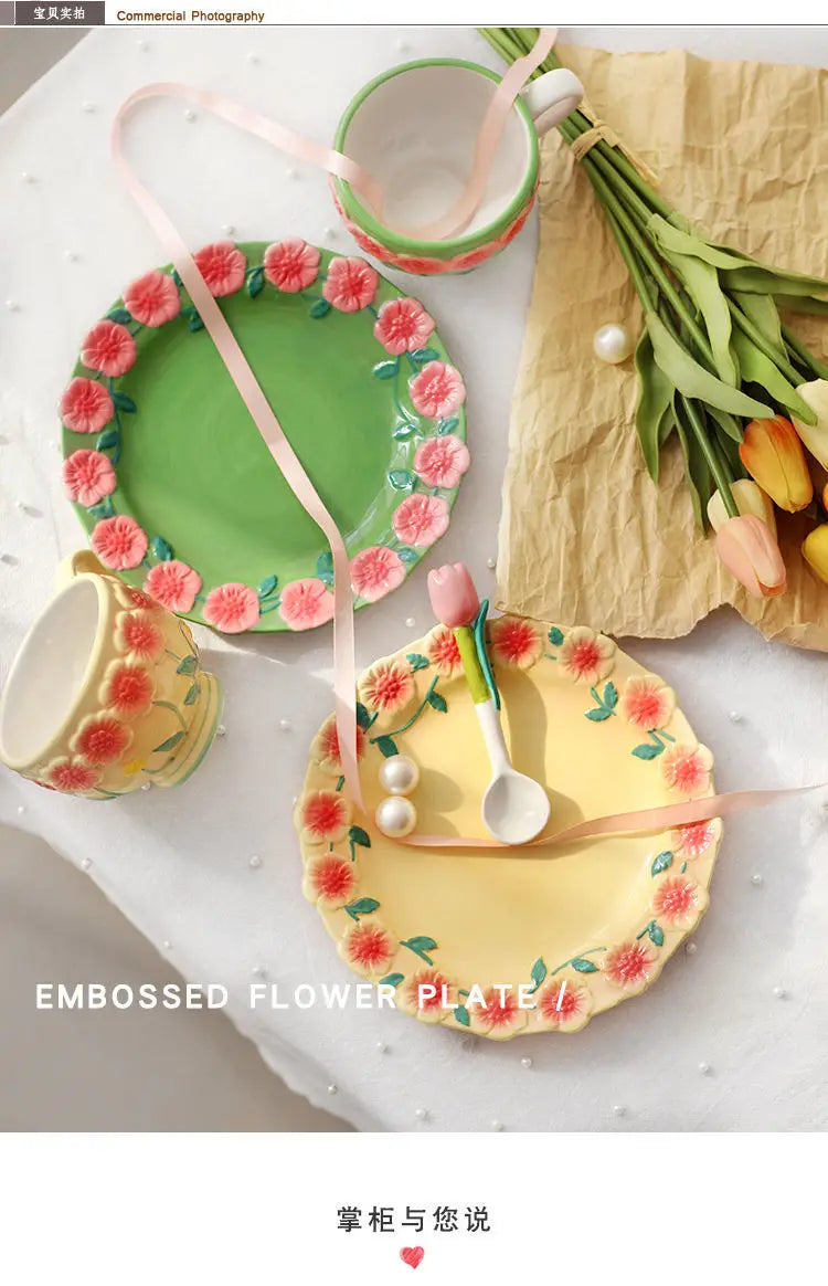 Flower Plate Embossed Small Flower Dessert Plate Ceramic Plate Under Glaze Colored Hand-painted Tableware