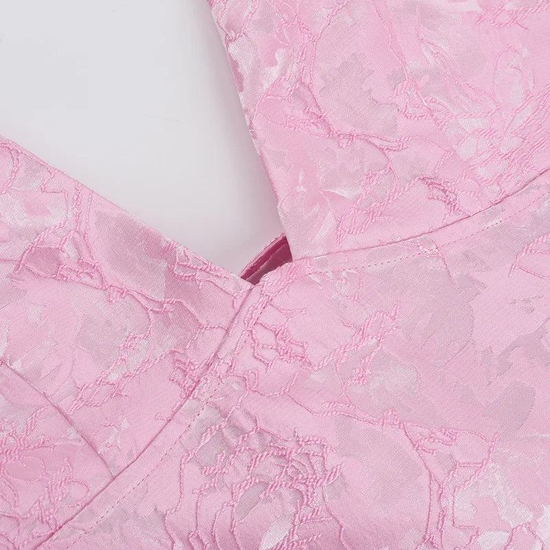 Pink Jacquard Halter Bow Evening Party Dress Women Robes Backless Elegant Sexy Dress Bodycon Mini Dress