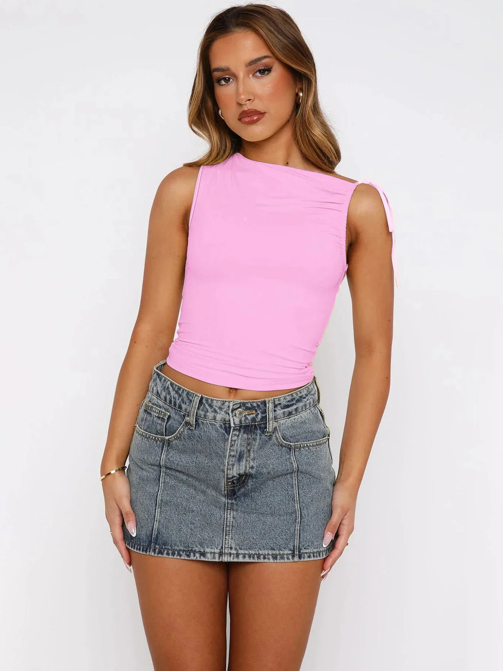 Sleeveless Skew Collar Ruched Lace Up Bodycon Crop Top Sexy Elegant l