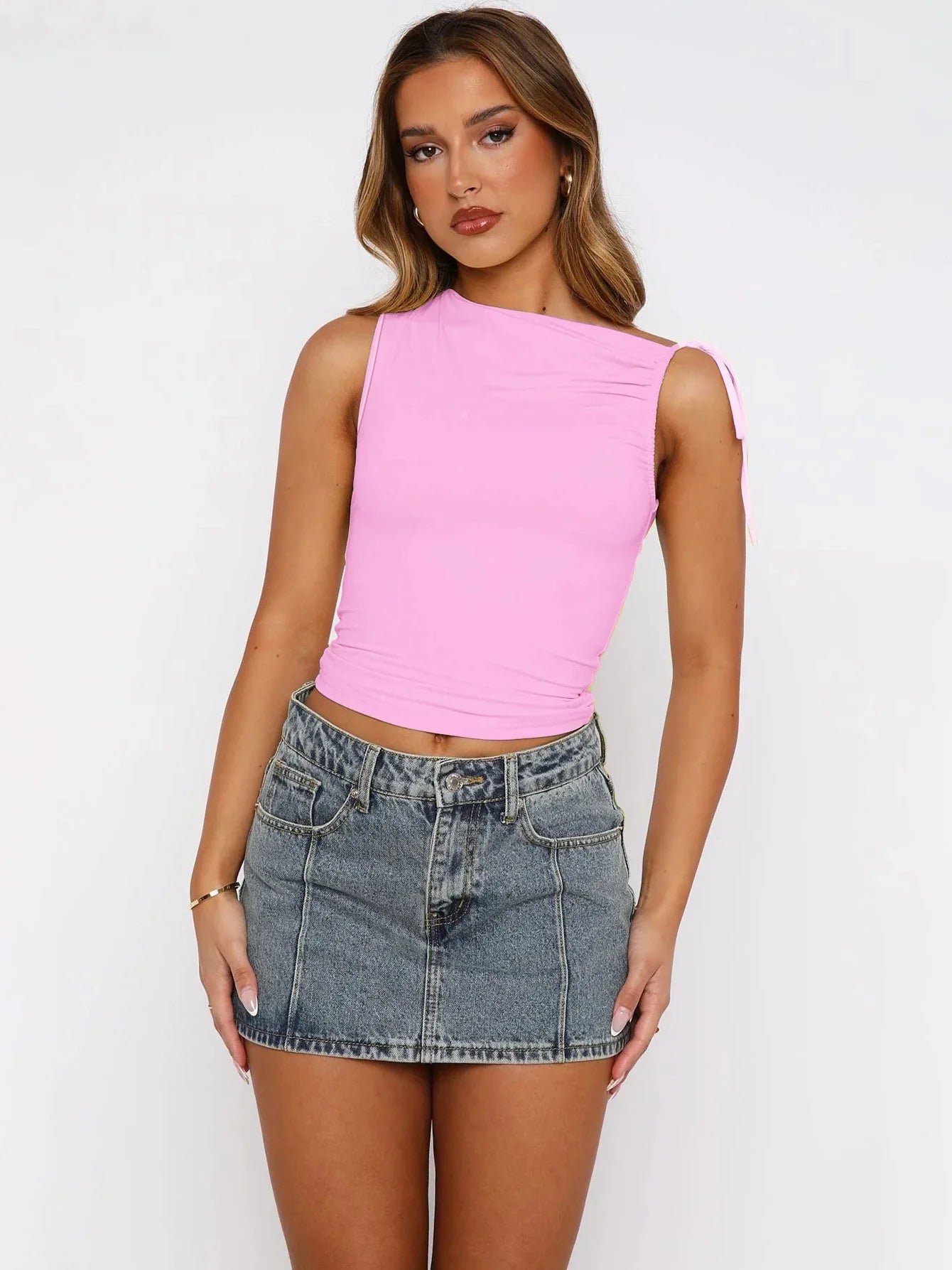 Sleeveless Skew Collar Ruched Lace Up Bodycon Crop Top Sexy Elegant l