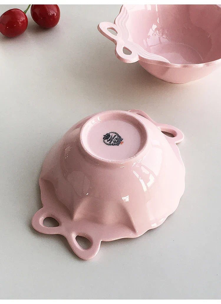 Porcelain Bowl Cute Hollow Out Bow Relief Solid Color Ceramic Dinnerware