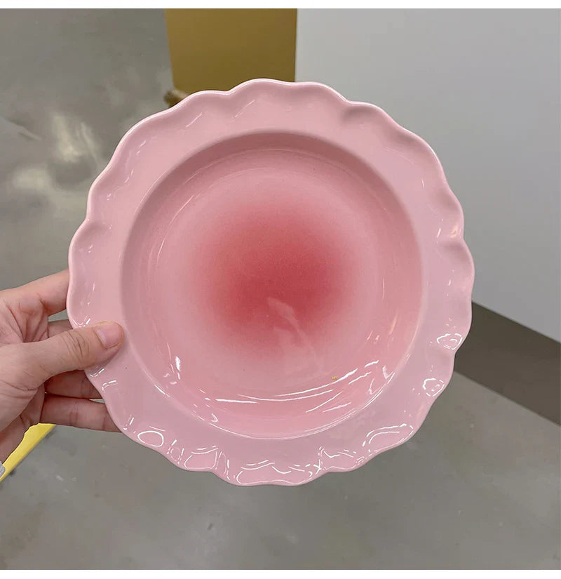 French Style Ceramic Plate Gradient Floral Shape Porcelain Dinnerware