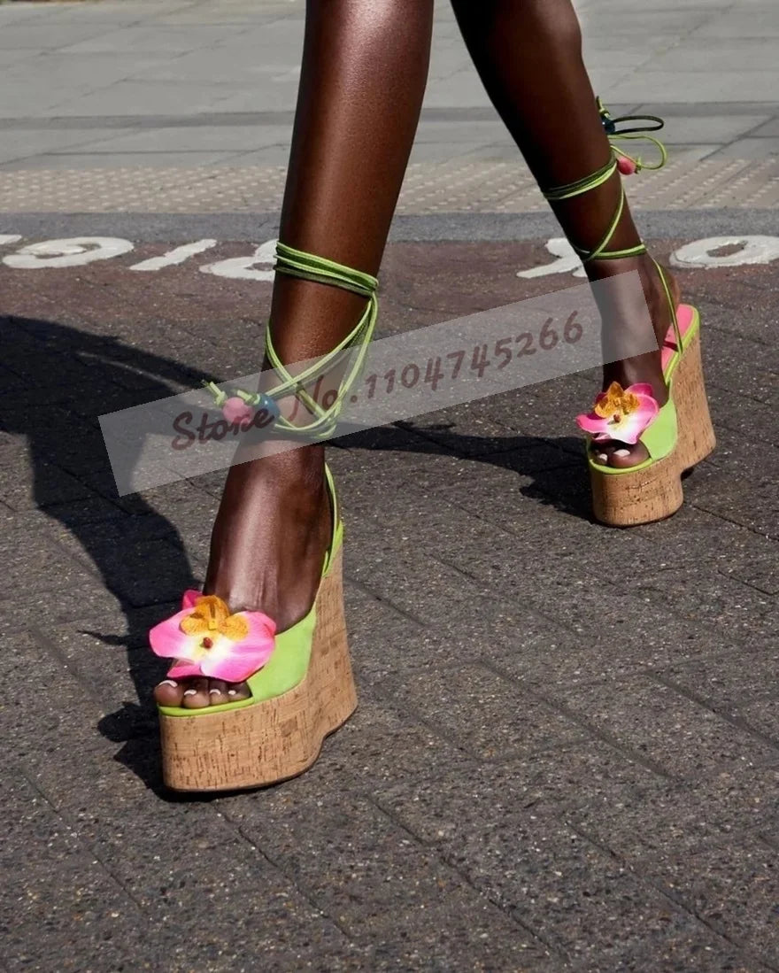 Ladies Cork Platform Pink Flower Sandals Wooden Wedged Heel Pink Blossom Dress Shoes Lace-Up Slingback Pumps